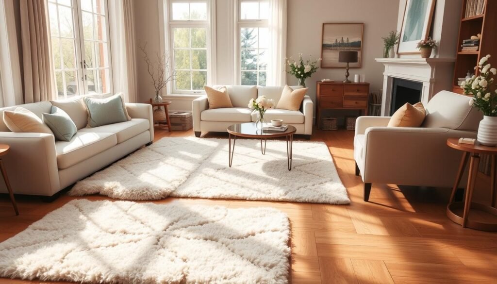 A cozy and inviting living room scene showcasing the Korhani Home Washable Collection. Soft, plush area rugs in neutral tones cover the hardwood floor, complemented by a luxurious cream-colored sofa and armchair. Delicate floral accents and warm wooden furniture create a serene, Canadian-inspired ambiance. Sunlight streams through large windows, illuminating the space and reflecting off the effortless, durable textures of the "Effortless Upgrade" rugs. The scene embodies the perfect balance of style and practicality, capturing the essence of the Korhani Home Washable Collection.