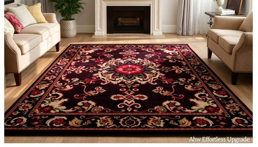 A luxurious Ruggable Persian Collection rug, with an elegant floral pattern in rich jewel-toned hues. The rug is displayed in a well-lit living room, with soft, warm lighting casting a cozy glow. The intricate design is showcased against a neutral backdrop, allowing the colors and details to shine. The rug takes center stage, effortlessly blending traditional and modern styles to create an "Effortless Upgrade" for the space. The high-quality, machine-washable material ensures easy maintenance, making it a practical and stylish choice for the modern home.