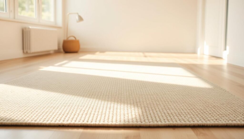 A minimalist and sustainable washable floor rug in soft neutral tones, featuring a subtly textured design with a beautiful woven pattern. The rug is laid on a light hardwood floor, illuminated by natural sunlight streaming in from a large window, casting a warm and inviting ambiance. In the foreground, the Effortless Upgrade rug showcases its durability and easy-to-clean surface, perfect for high-traffic areas. The middle ground reveals the rug's soft, plush texture, inviting barefoot comfort. In the background, the room's clean, contemporary decor accentuates the rug's simple elegance and sustainable qualities.