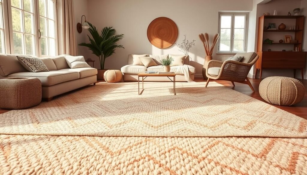 A cozy and inviting living room, filled with the warm, earthy tones of the "Effortless Upgrade" Hook & Loom Eco Cotton Rugs. The intricate, yet simple patterns create a visually striking yet calming focal point, elegantly complementing the natural light streaming in through large windows. The rugs' soft, plush texture invites barefoot exploration, while their durable construction ensures long-lasting practical use. In the foreground, the rug's distinct weave and subtle sheen catch the eye, while the middle ground showcases the rug's ability to tie the room together harmoniously. The background features a minimalist, Scandinavian-inspired decor, allowing the rug to take center stage as the star of the scene.