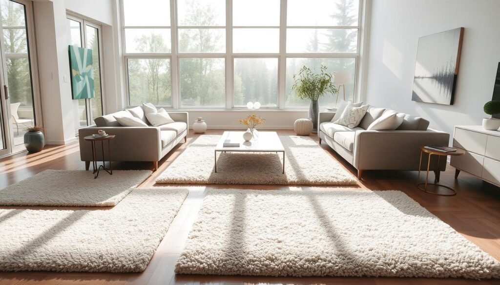 A modern, airy living room featuring several plush West Elm Recycled Material Rugs in varying sizes and neutral tones. The rugs are made from high-quality recycled materials, exhibiting a subtle textural pattern and soft, inviting appearance. Sunlight streams in through large windows, casting a warm glow across the room. Sleek, minimalist furniture in shades of gray and white complement the rugs, creating a cohesive, Effortless Upgrade" aesthetic. The space radiates a sense of eco-conscious sophistication and refined comfort.