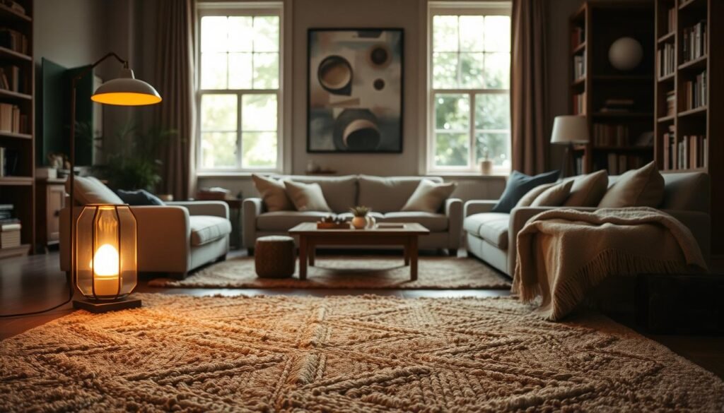A cozy, inviting living room scene, featuring the Effortless Upgrade Lorena Canals Woolable Collection. In the foreground, a plush, hand-knotted rug in earthy tones and natural fibers anchors the space. Soft lighting from a vintage-inspired floor lamp casts a warm glow, highlighting the rug's intricate, organic patterns. In the middle ground, a low, wooden coffee table is surrounded by comfortable, neutral-toned seating, creating an intimate conversation area. The background showcases a wall of bookshelves, adding depth and a sense of cozy sophistication. Through the windows, a glimpse of lush, verdant foliage hints at the natural world beyond, complementing the collection's handcrafted, eco-friendly aesthetic.