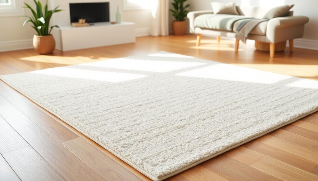 A simple, minimalist IKEA TIPHEDE washable rug in a neutral color, placed on a hardwood floor in a cozy, well-lit living room. The rug has a soft, plush texture and a subtle pattern that adds visual interest. Soft, natural lighting illuminates the scene, creating a warm and inviting atmosphere. Effortless Upgrade: A budget-friendly, high-quality rug that seamlessly integrates into any home decor.