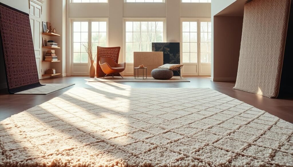 A beautifully curated collection of Nani Marquina Washable Collection luxury rugs, showcasing the brand's "Effortless Upgrade" design philosophy. In the foreground, a plush, modern rug in a neutral palette with intricate geometric patterns, illuminated by warm, natural lighting. In the middle ground, additional rugs in complementary colors and textures, seamlessly blending form and function. The background features a minimalist, airy interior with large windows, allowing the rugs to take center stage. The overall scene exudes a sense of refined elegance, capturing the essence of Nani Marquina's commitment to exceptional quality and timeless style.